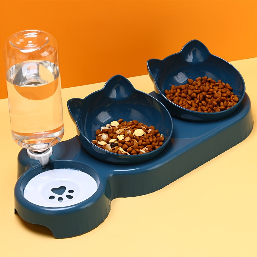 3 In 1 Tilted Cat Water And Food Bowl Set - Pet Bowls With Water Feeder, Gravity Water Bottle For Neck Protection, Ear Design