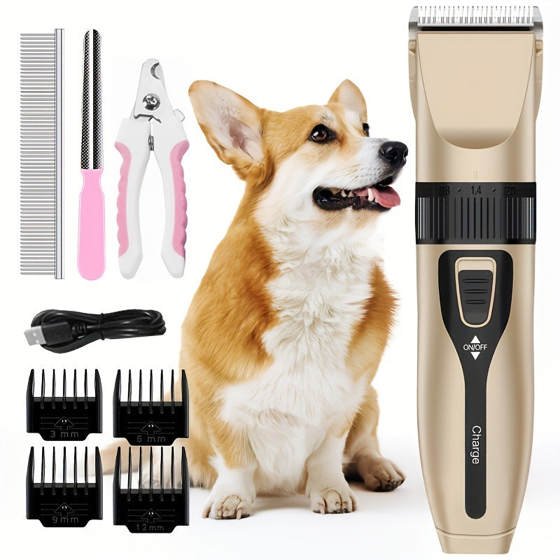 Rechargeable Dog Grooming Clipper Set, Quiet Electric Pet Hair Trimmer for Thick Coats, USB Charging, Cordless Design with Lithium Battery, 4 Guide Combs - Pet Hair Cutter Kit for Dogs and Cats