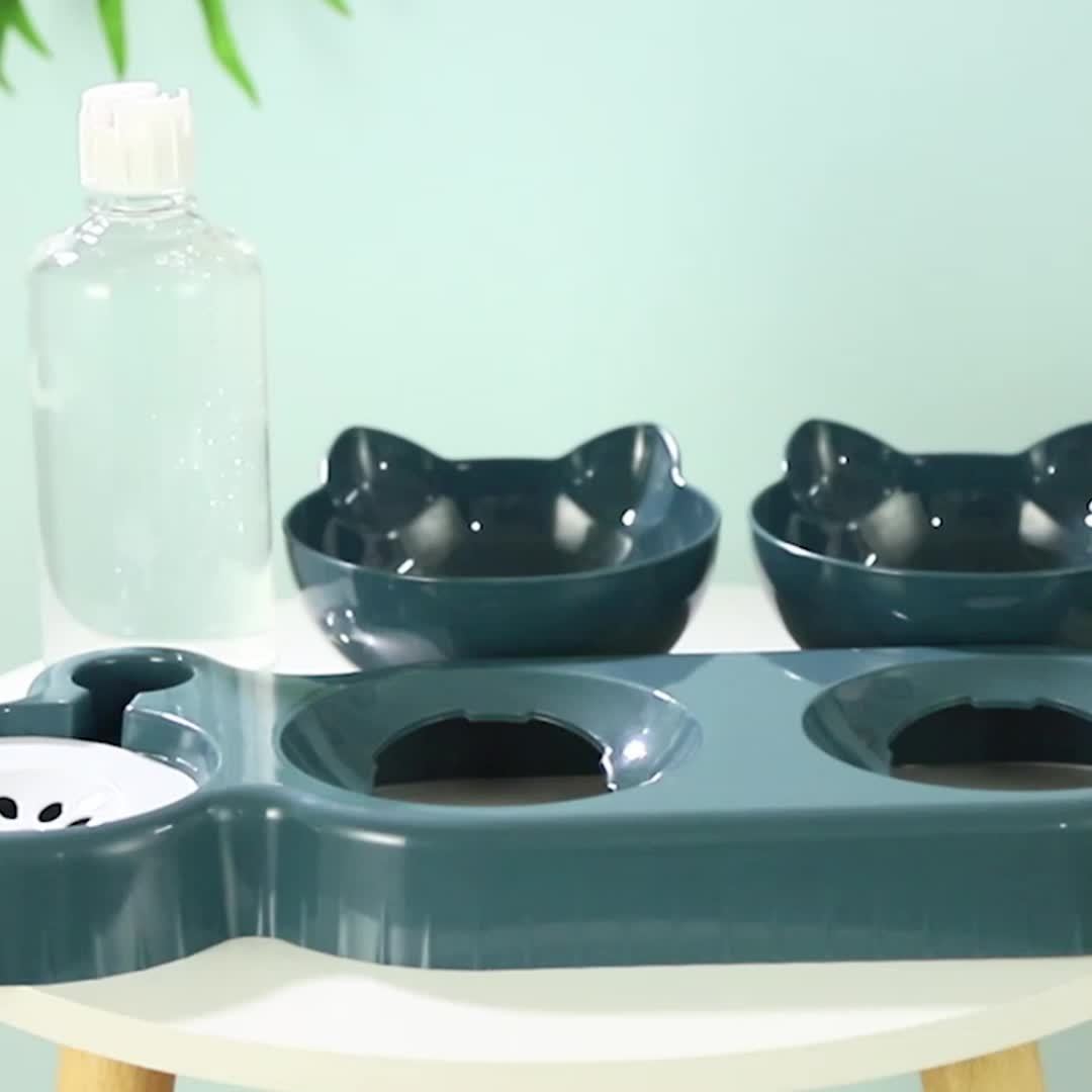 3 In 1 Tilted Cat Water And Food Bowl Set - Pet Bowls With Water Feeder, Gravity Water Bottle For Neck Protection, Ear Design