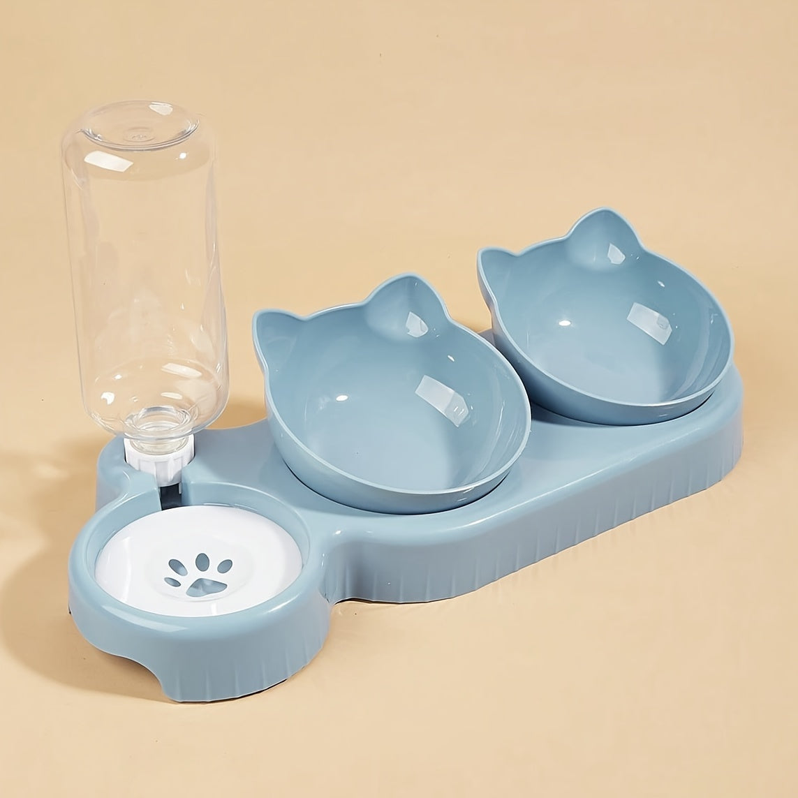 3 In 1 Tilted Cat Water And Food Bowl Set - Pet Bowls With Water Feeder, Gravity Water Bottle For Neck Protection, Ear Design