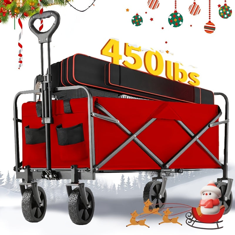 Collapsible Folding Wagon Cart, Track and Field Equipment Transporter Large Capacity Camping Wagon, All-Terrain Foldable Pet Stroller, Heavy-Duty Utility Wagon Cart for Grocery, Outdoor, Beach, Gardening, Shopping, Pet Outing