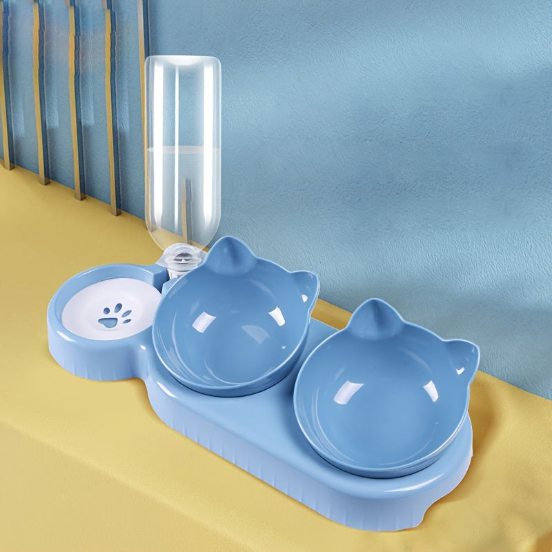 3 In 1 Tilted Cat Water And Food Bowl Set - Pet Bowls With Water Feeder, Gravity Water Bottle For Neck Protection, Ear Design